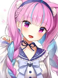  1girl :d anchor_hair_ornament bangs blue_bow blue_bowtie blue_choker blue_hair blue_hairband blue_skirt blunt_bangs blush bow bowtie braid breasts cat_girl choker eyebrows_visible_through_hair french_braid frilled_shirt_collar frills hair_ornament hairband highres hololive kiki-yu large_breasts long_hair looking_at_viewer minato_aqua multicolored_hair open_mouth purple_hair ribbon_choker sailor_collar sailor_shirt school_uniform serafuku shirt short_sleeves skirt smile solo streaked_hair twin_braids twintails two-tone_hair upper_body violet_eyes virtual_youtuber white_shirt 