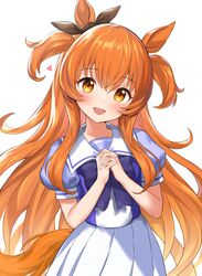  1girl :d animal_ears blush bow bowtie commentary commentary_request cowboy_shot ear_ribbon eyebrows_visible_through_hair highres horse_ears horse_girl horse_tail interlocked_fingers kiki-yu long_hair looking_at_viewer mayano_top_gun_(umamusume) orange_eyes orange_hair own_hands_clasped own_hands_together pleated_skirt puffy_short_sleeves puffy_sleeves purple_bow purple_bowtie purple_shirt sailor_collar sailor_shirt school_uniform serafuku shirt short_sleeves skirt smile solo summer_uniform tail tracen_school_uniform two_side_up umamusume very_long_hair white_skirt 