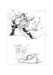  1girl 2boys apex_legends armor backpack bag bodysuit catching clenched_hands fingerless_gloves gibraltar_(apex_legends) gloves goggles greyscale hair_bun highres hillprime hood hooded_jacket jacket knee_pads mask monochrome mouth_mask multiple_boys octane_(apex_legends) smile translation_request tripping wattson_(apex_legends) 