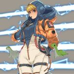  1girl animification apex_legends arm_behind_back blonde_hair blue_bodysuit blue_headwear blush bodysuit breasts cable electricity finger_to_own_chin grey_background hood hooded_jacket jacket looking_at_viewer medium_breasts nessie_(respawn) orange_jacket ribbed_bodysuit scar scar_on_cheek scar_on_face smile solo stuffed_toy thigh_strap tucciao wattson_(apex_legends) white_bodysuit wide_hips 