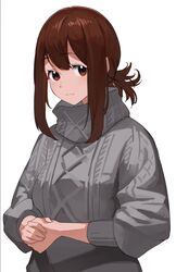  1girl brown_eyes brown_hair check_copyright closed_mouth copyright_request eyebrows_visible_through_hair gochiwa grey_sweater highres long_hair looking_at_viewer original own_hands_together ponytail simple_background solo sweater upper_body white_background 