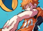  1boy ball blue_background chapi_01 commentary_request fingernails fingers haikyuu!! hands highres hinata_shouyou jersey male_focus orange_eyes orange_hair own_hands_together short_hair short_sleeves solo sportswear sweat volleyball volleyball_uniform 