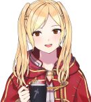  1girl blonde_hair blush braid cape cup fire_emblem fire_emblem_awakening french_braid highres holding holding_cup hood kinagi_(3307377) long_hair looking_at_viewer open_mouth orange_eyes robe robin_(fire_emblem) robin_(fire_emblem)_(female) simple_background smile solo super_smash_bros. twintails white_background 