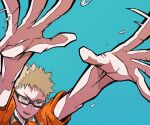  1boy arms_up blonde_hair blue_background chapi_01 commentary_request fingers glasses haikyuu!! hands highres jersey male_focus open_mouth short_hair short_sleeves solo sportswear teeth tsukishima_kei volleyball yellow_eyes 