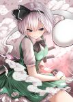  1girl absurdres amazaki_ria black_bow black_hairband black_neckwear black_ribbon blue_eyes bob_cut bow bowtie breasts collared_shirt green_skirt green_vest hair_ribbon hairband highres hitodama_print katana konpaku_youmu konpaku_youmu_(ghost) medium_breasts ribbon sheath shirt short_hair short_sleeves silver_hair skirt skirt_set solo sword touhou vest wakizashi weapon white_shirt 