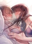  2girls black_hair blush bra breasts brown_hair eye_contact eyebrows_visible_through_hair highres large_breasts long_hair looking_at_another lying medium_breasts multiple_girls on_back original parted_lips pillow red_eyes underwear violet_eyes yaegashi_nan yuri 