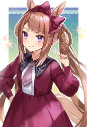  1girl animal_ears bangs blunt_bangs bow bow_hairband braid brown_hair cowboy_shot dress eyebrows_visible_through_hair grin hair_bow hair_rings hairband hand_on_hip highres horse_ears horse_girl horse_tail kiki-yu long_hair long_sleeves looking_at_viewer necktie pink_necktie puffy_long_sleeves puffy_sleeves red_bow red_dress short_necktie sidelocks smile smirk solo sweep_tosho_(umamusume) tail twintails umamusume violet_eyes 
