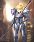  1girl absurdres arm_blade bad_end blonde_hair blurry blurry_background canadiananiguy hand_on_hip highres looking_at_viewer metroid metroid_dread mole mole_under_mouth polearm ponytail power_suit red_eyes samus_aran shoulder_spikes solo spear spikes standing weapon 
