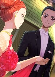  1boy 1girl ballroom_e_youkoso black_hair bow bowtie brown_eyes dancing dress earrings formal fujita_tatara hair_slicked_back hair_up hiyama_chinatsu jewelry looking_at_another mikazuki_akira! red_dress redhead suit upper_body white_neckwear 