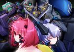  2girls ahoge bangs closed_eyes dual_wielding fortified_suit hair_intakes highres hiraken holding holding_sword holding_weapon kagami_sumika kaizer_(valgern-on) mecha multiple_girls muvluv muvluv_alternative muvluv_unlimited:_the_day_after red_eyes redhead science_fiction silver_hair sword tactical_surface_fighter takemikazuchi_(muvluv) twintails type_94_shiranui valgern-on visor weapon yashiro_kasumi 