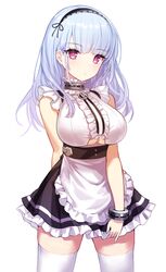  1girl apron azur_lane bare_shoulders black_skirt breasts center_frills choker clothing_cutout collar dido_(azur_lane) expressionless eyebrows_visible_through_hair frilled_apron frilled_choker frilled_hairband frilled_sleeves frills hairband highres kiki-yu large_breasts lolita_hairband long_hair looking_at_viewer maid miniskirt shirt silver_hair skirt sleeveless sleeveless_shirt solo thigh-highs under_boob underboob_cutout underbust violet_eyes waist_apron white_apron white_legwear white_shirt zettai_ryouiki 
