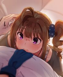  1girl ahoge bangs blue_scrunchie blurry blurry_foreground blush brown_hair closed_mouth commentary depth_of_field drill_hair eyebrows_visible_through_hair hair_ornament hair_scrunchie height_difference hug idolmaster idolmaster_million_live! kamille_(vcx68) light_frown looking_at_another medium_hair pov print_scrunchie scrunchie side_drill side_ponytail sidelocks smile star_(symbol) star_print sweatdrop violet_eyes yokoyama_nao 