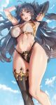  1girl ahoge armpits asymmetrical_legwear black_gloves black_hair black_panties blush breasts cleavage_cutout clothing_cutout earrings elbow_gloves fate/grand_order fate_(series) from_below gloves highres hoop_earrings ishtar_(fate) ishtar_(swimsuit_rider)_(fate) jewelry large_breasts long_hair looking_at_viewer navel open_mouth panties po_ppe red_eyes single_glove single_thighhigh solo thigh-highs toned twintails underwear 