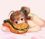  1girl ahoge bed_sheet blush brown_hair burger commentary dolphin_shorts drill_hair eyebrows_visible_through_hair food green_scrunchie grey_background hair_ornament hair_scrunchie idolmaster idolmaster_million_live! kamille_(vcx68) looking_at_viewer loungewear lying on_back on_side pillow pink_shirt scrunchie shirt shorts side_drill side_ponytail solo tank_top violet_eyes yellow_shorts yokoyama_nao 