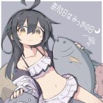  1girl ahoge bikini bikini_skirt black_hair border brown_eyes commentary_request fish frilled_bikini frilled_skirt frills grey_background kantai_collection long_hair looking_at_viewer mikazuki_(kancolle) murabatodenki skirt solo starfish swimsuit translation_request two-tone_background white_bikini white_border 