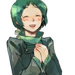  ^_^ blush green_hair happy lowres open_mouth persona persona_3 ribbon school_uniform short_hair simple_background smile solo sutei_(giru) yamagishi_fuuka 