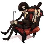  adjusting_hat afro bad_id black_hair brook chair formal hand_on_hat hat male mcr monkey_d_luffy multiple_boys one_piece short_hair sitting skeleton suit top_hat 