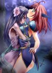  2girls blue_eyes blush body_blush dragoon dress female final_fantasy final_fantasy_v flower lenna_charlotte_tycoon long_hair monikano monster_girl open_mouth orange_eyes pink_hair purple_hair purple_skin sword tiara water yuri 