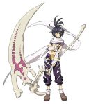  .hack//games .hack//link antenna_hair black_hair cubia midriff official_art scarf scythe smile tattoo yellow_eyes 