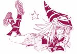  ass blush_stickers boots dark_magician_girl gloves hat legs_up lying monochrome on_stomach purple simple_background skirt star tongue white_background wink wizard_hat yu-gi-oh! yuu-gi-ou yuu-gi-ou_duel_monsters 