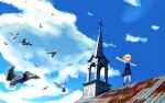  bad_id balancing bird blonde_hair cloud cross open_mouth outstretched_arms red_eyes rooftop rumia short_hair sky spread_arms steeple touhou tsuyuki walking 