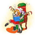  angry arinu blonde_hair book bow chair drooling fang flandre_scarlet hat hat_ribbon hong_meiling open_mouth red_eyes ribbon side_ponytail sitting sitting_on_lap sitting_on_person sleeping smile star touhou wings 