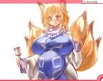  animal_ears blonde_hair blush breasts fox_ears fox_tail hand_on_chest himazin huge_breasts multiple_tails pregnant short_hair solo tail touhou yakumo_ran yellow_eyes 