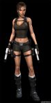  3d bare_shoulders bike_shorts boots breasts brown_hair cleavage female fingerless_gloves gloves gun lara_croft large_breasts legs long_hair midriff navel pistol ponytail shirt shorts simple_background socks solo standing tomb_raider weapon 