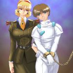  blonde_hair blue_eyes bound_arms brown_hair chains earrings flightsuit gundam hairband hand_on_hip jewelry katejina_loos red_eyes shackles uniform uso_evin victory_gundam wancozow watermark 