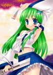  alm bad_id blue_eyes detached_sleeves frog green_hair hair_ornament kochiya_sanae long_hair snake solo touhou 