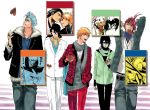  alternate_costume black_eyes black_hair bleach blonde_hair blue_hair boy casual clothes formal green_eyes grimmjow_jaegerjaquez grimmjow_jaggerjack group headphones hollow jacket jpeg_artifacts kubo_taito kuchiki_byakuya kurosaki_ichigo male necklace orange_hair red_hair redhead scarf short_hair ulquiorra_cifer ulquiorra_schiffer 