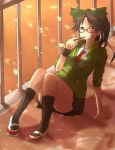  ayase08 bespectacled bow brown_hair contemporary glasses green_eyes hair_bow hair_ribbon highres long_hair ponytail pun2 reiuji_utsuho ribbon skirt sleeves_pushed_up touhou 