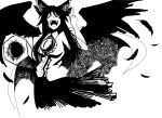  crazy_eyes hair_bow hellshock highres long_hair middle_finger monochrome reiuji_utsuho touhou wings 