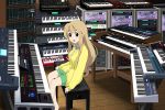  blue_eyes casual instrument k-on! keyboard_(instrument) kotobuki_tsumugi long_hair richard_crazyman sitting solo synthesizer 