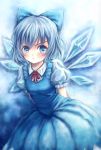  1girl :t arms_behind_back blue_dress blue_eyes blue_hair blush bow bryanth cirno dress embellished_costume face frills hair_bow ice pout short_hair solo tears touhou wings 