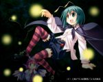  antenna bad_id cape dress_shirt green_eyes green_hair mystia_lorelei navel shirt short_hair smile striped striped_legwear thighhighs touhou umekichi wriggle_nightbug 