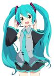  :d anime_coloring aqua_eyes aqua_hair arms_up detached_sleeves hand_on_ear hatsune_miku headset ixy long_hair looking_at_viewer necktie open_mouth simple_background skirt smile solo twintails very_long_hair vocaloid 