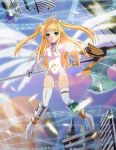  axe blonde_hair blue_eyes building chain chains feathers highres koyama_tomosato long_hair magic_circle mahou_shoujo_lyrical_nanoha polearm ribbon sphere thigh-highs thighhighs twintails weapon 