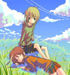  clouds flat_chest grass loli mahou_shoujo_lyrical_nanoha sky sleeping takamachi_nanoha yuuno_scrya 