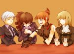  brown_hair cravat dress fuji_meno gloves hime_cut lowres necktie nr_fjmr orange_hair ponytail silver_hair umineko_no_naku_koro_ni ushiromiya_eva ushiromiya_kyrie ushiromiya_natsuhi ushiromiya_rosa 