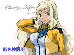  adjusting_hair adult blonde_hair breasts bust crop_top facial_mark forehead_mark green_eyes gundam gundam_00 gundam_00i jacket kouichi_tokita large_breasts lipstick open_clothes open_jacket sherilyn_hyde shiny shiny_clothes signature sketch smile solo text uniform wavy_hair 