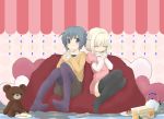  blonde_hair blue_hair blush braid cake closed_eyes controller cup feet food fork hidamari_sketch mowan mug nazuna no_shoes nori nori_(hidamari_sketch) pantyhose pastry plate remote_control short_hair skirt smile stuffed_animal stuffed_toy sweater teacup teapot teddy_bear thigh-highs thighhighs 