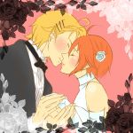  bride chase_(harvest_moon) couple dress flower gloves hairpin harvest_moon kiss molly_(harvest_moon) wedding wedding_dress 