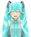  bad_id bare_shoulders blue_hair blush bust closed_eyes detached_sleeves happy hatsune_miku headset long_hair necktie sobyoukyou twintails vocaloid wavy_hair 