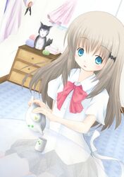  blonde_hair blue_eyes clannad cup dango_daikazoku dog drawer drawers dutch_angle hat highres kneeling little_busters! little_busters!! long_hair mug nora-toro noumi_kudryavka plaid plaid_skirt school_uniform silver_hair skirt stuffed_animal stuffed_toy table tartan teapot 