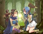  between_breasts black_hair blue_hair brown_eyes detached_sleeves dragon_quest dragon_quest_iii forest healing injury kuro_shiba_(lent) magic nature red_eyes roto sage_(dq3) skirt soldier_(dq3) staff tears thief_(dq3) wince wink 