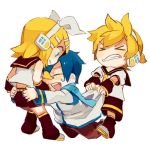  8&#039;108 blonde_hair blue_hair blush chibi grab headphones hug kagamine_len kagamine_rin kaito lowres short_hair simple_background tears vocaloid 