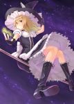  alternate_costume blonde_hair bloomers boots braid broom cross-laced_footwear half_updo hat kirisame_marisa knee_boots looking_at_viewer magic night night_sky petticoat short_hair sidesaddle sky smile solo star tadokoro_teppei touhou witch_hat yellow_eyes 