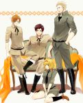   ahoge axis_powers_hetalia belgium_(hetalia) belt blonde_hair blue_eyes boots brown_hair hairband hands_in_pockets neck_ribbon necktie netherlands_(hetalia) shoes sitting smile socks sofa southern_italy_(hetalia) spain_(hetalia) uniform  