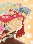   +_+ armlet bandage blue_hair bracelet cape flower hair_flower hair_ornament jewelry kamina multicolored_hair nia_teppelin piggyback pink_dress red_eyes scarf shirtless tengen_toppa_gurren_lagann two-tone_hair  